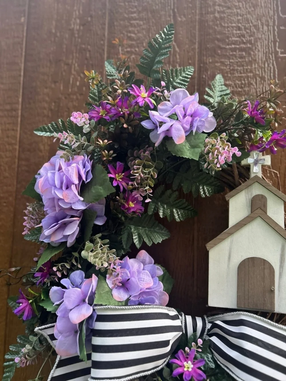 Handmade Lavender Floral Wreath with Striped Bow and Chapel Accent